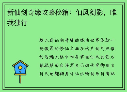新仙剑奇缘攻略秘籍：仙风剑影，唯我独行